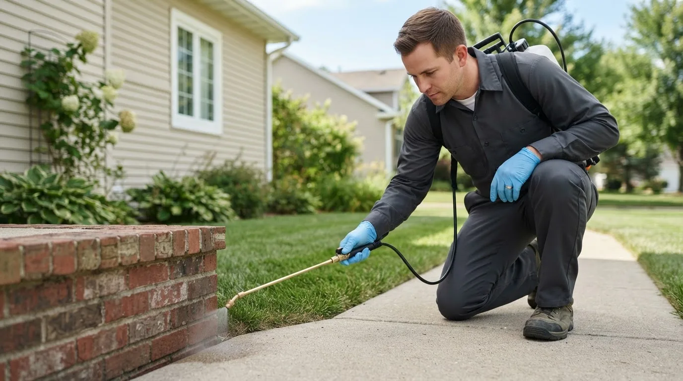 Pest control technician treating a home near Westpoint, IN